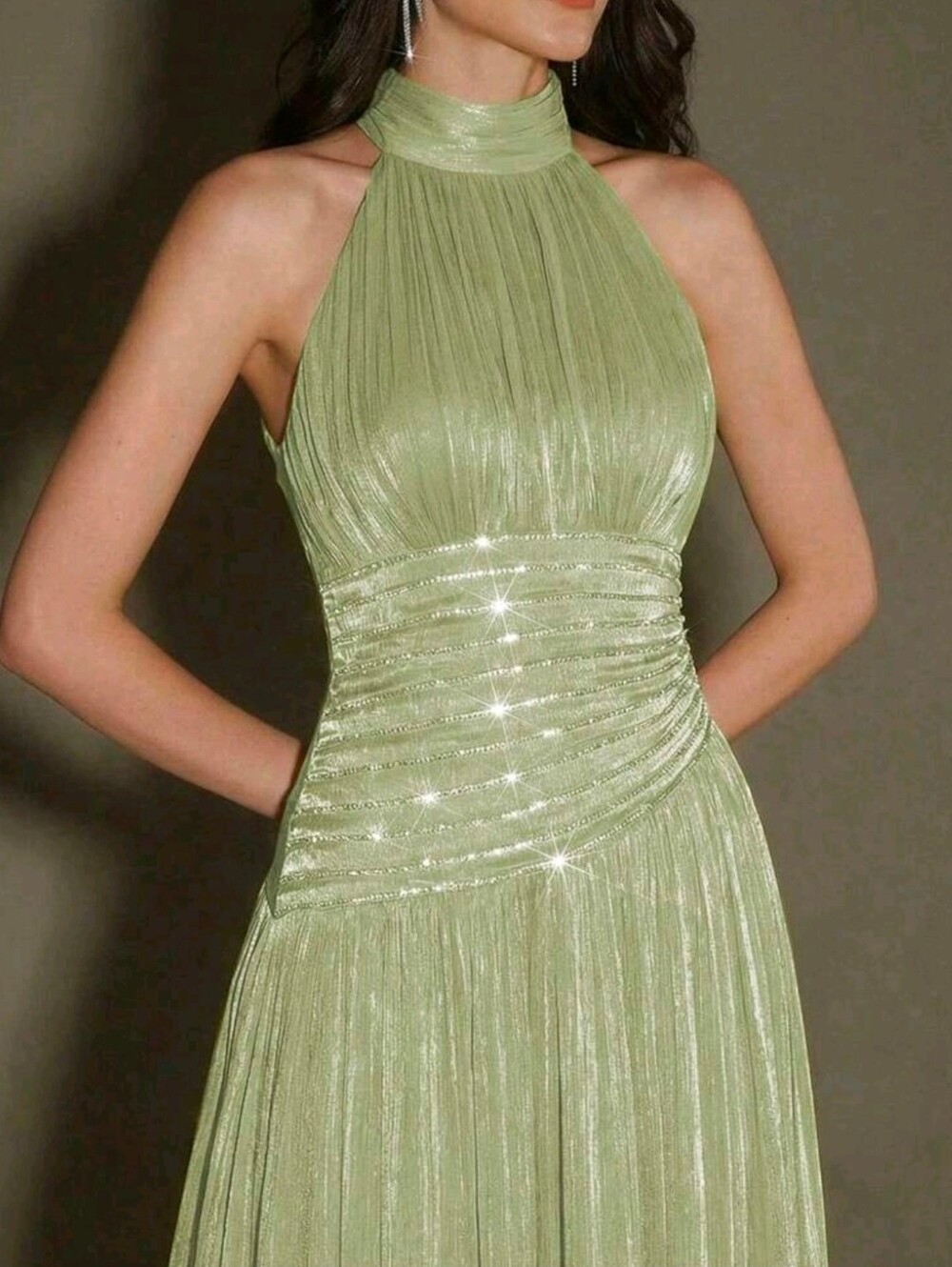 New Metallic Crinkled Halter Rhinestone Trim Maxi Dress Green - Picture 7 of 15